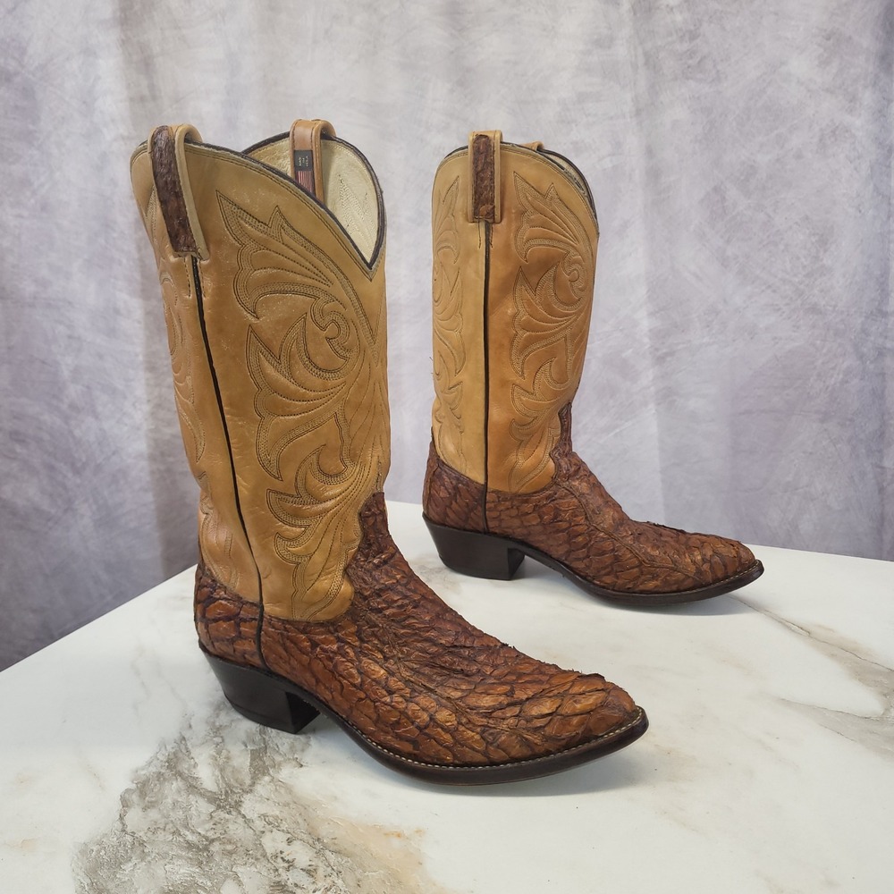 Vintage Size 8 D Dan Post Sea Bass Western Cowboy Boots Brown/Tan Men's